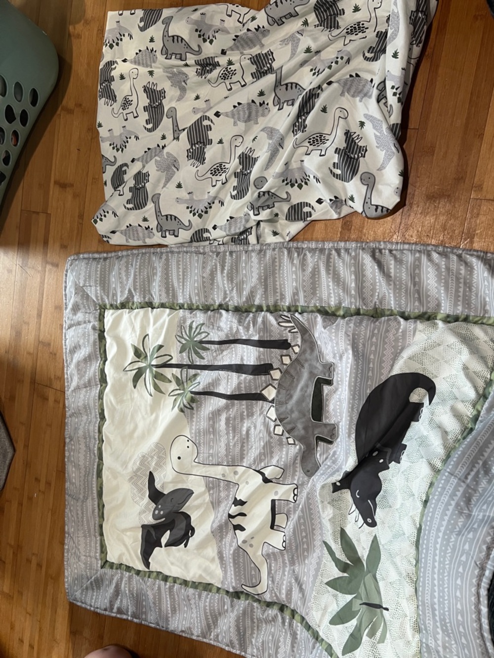 Gray and White Dinosaur Baby Quilt - Neutral Dino Nursery Bedding